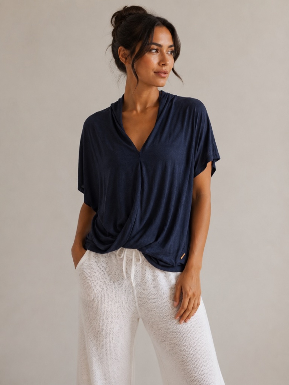 Lucy Draped Surplice Yoga Wrap Short Sleeve Draped Top Blue, Size Medium